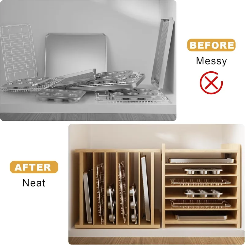 7 Tier Wooden Tray Dividers fo - огляд і ціна Kitchen Cabinet Baking Sheet Organizer